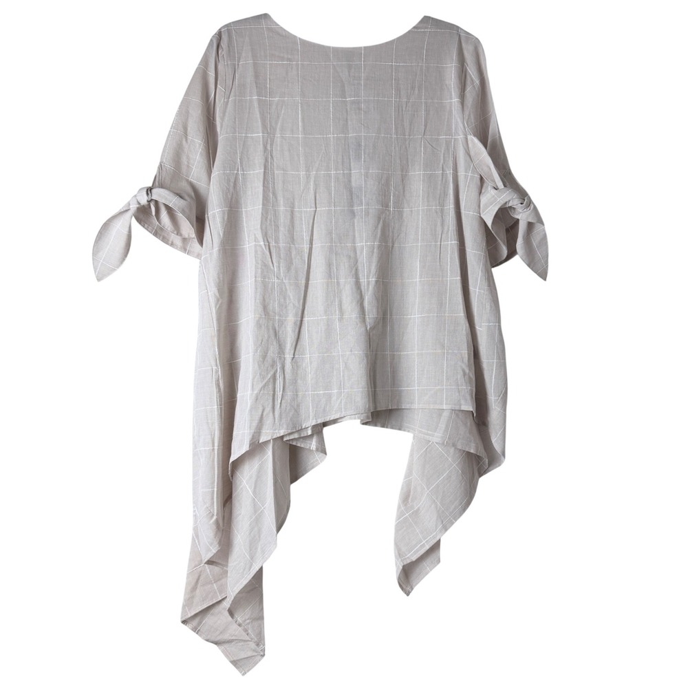 Ravel Tunic Top Women Medium Beige Windowpane Grid Tie Sleeve Asymmetric Earthy